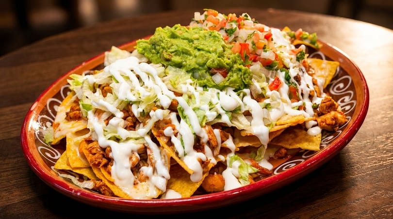A vibrant plate of nachos with chicken, lettuce, sour cream, guacamole, and pico de gallo.