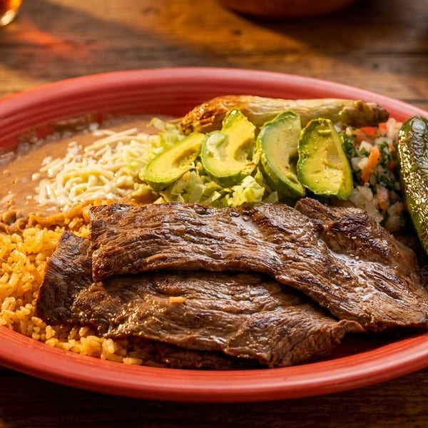 Carne asada with rice, refried beans, avocado, and a roasted pepper on a red plate.