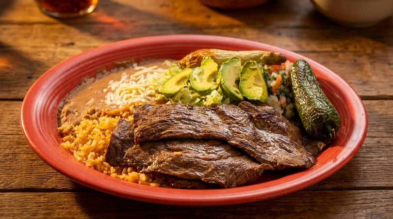 Carne asada plate with refried beans, rice, avocado, and a grilled jalapeño on a red plate.