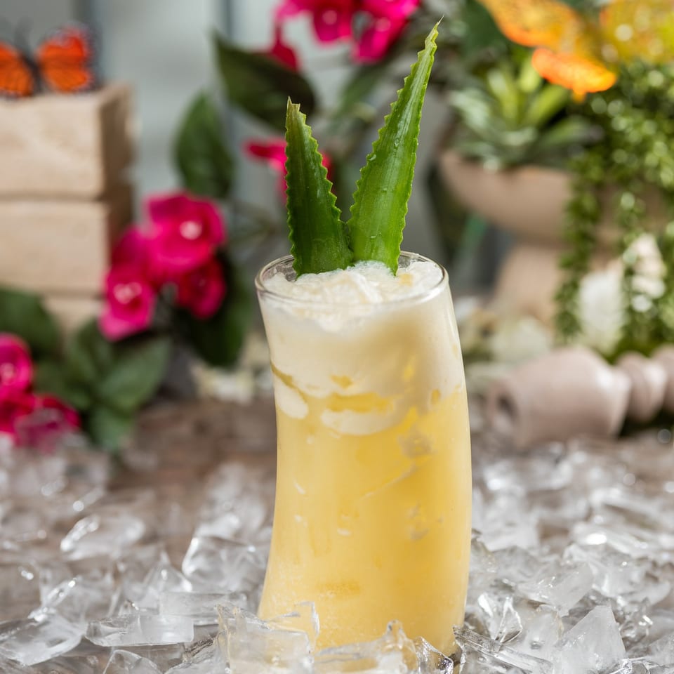 A yellow tropical drink with aloe vera garnishes sits on ice cubes, surrounded by pink flowers.