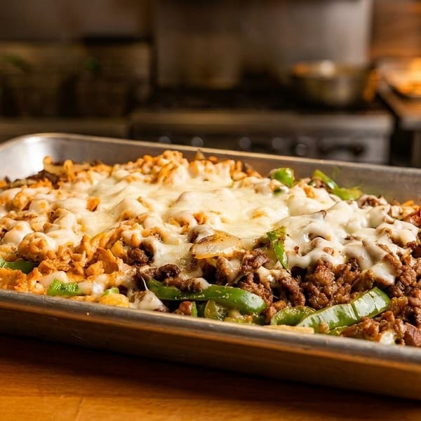 Cheesy nachos with ground meat, chicken, green peppers, and onions in a metal tray.