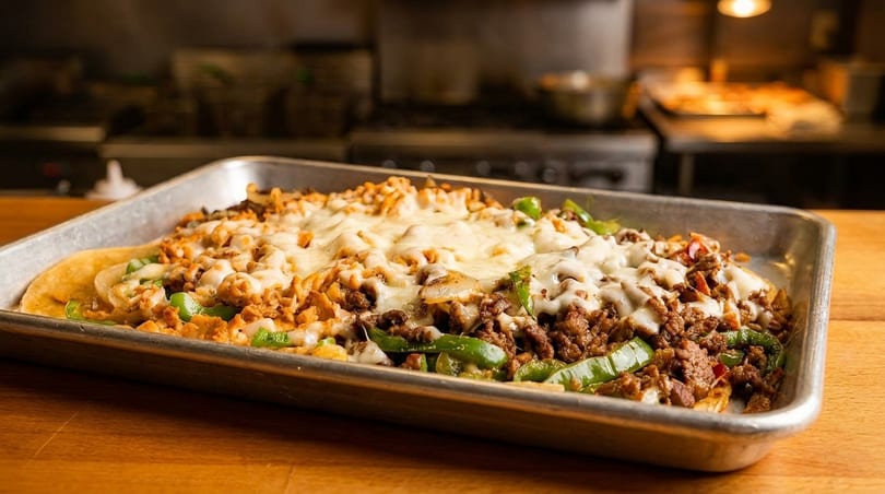 Cheesy nachos with ground meat, chicken, green peppers, and onions in a metal tray.